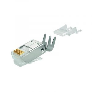 Prise RJ Telegaertner RJ45 mâle Cat.6, complètement blindée, MP8 FS fiche modulaire 8 pins sans douille, avec brins assortis, pour AWG 24-27 (cordon et fil de fer massif), 0,8 AU